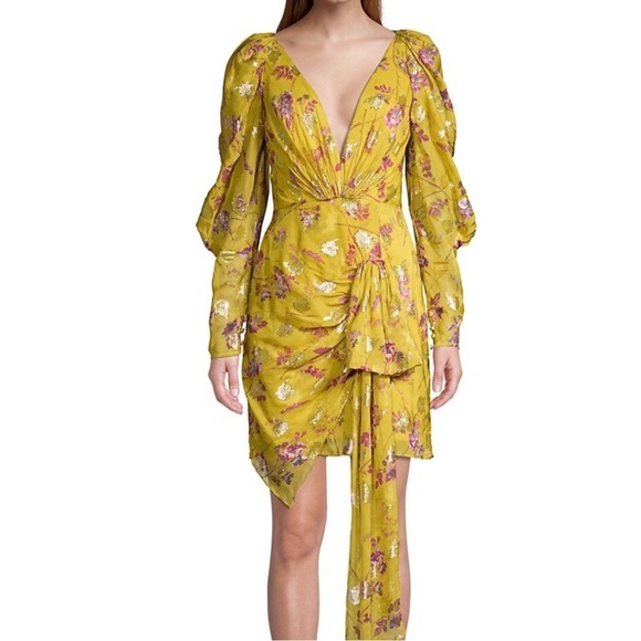 Flor et. al Cocktail Mini Dress Ruffle Floral Yellow Metallic Sz 4 - Picture 1 of 12